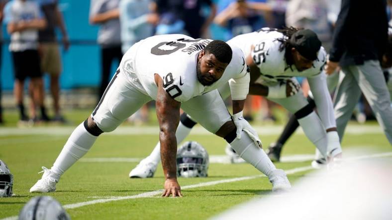 Las Vegas Raiders defensive tackle Johnathan Hankins (90) warms up before facing the Tennessee Titans at Nissan Stadium Sunday, Sept. 25, 2022, in Nashville, Tenn.

Nfl Las Vegas Raiders At Tennessee Titans