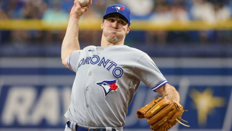 Sep 25, 2022; St. Petersburg, Florida, USA; Toronto Blue Jays starting pitcher Ross Stripling (48) Trows a pitch during the second inning against the Tampa Bay Rays at Tropicana Field. Mandatory Credit: Mike Watters-USA TODAY Sports