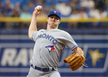 Sep 25, 2022; St. Petersburg, Florida, USA; Toronto Blue Jays starting pitcher Ross Stripling (48) Trows a pitch during the second inning against the Tampa Bay Rays at Tropicana Field. Mandatory Credit: Mike Watters-USA TODAY Sports