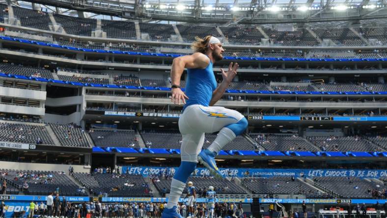 Sep 25, 2022; Inglewood, California, USA; Los Angeles Chargers linebacker Joey Bosa runs before the game against the Jacksonville Jaguars at SoFi Stadium. Mandatory Credit: Kirby Lee-USA TODAY Sports