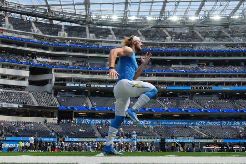 Sep 25, 2022; Inglewood, California, USA; Los Angeles Chargers linebacker Joey Bosa runs before the game against the Jacksonville Jaguars at SoFi Stadium. Mandatory Credit: Kirby Lee-USA TODAY Sports