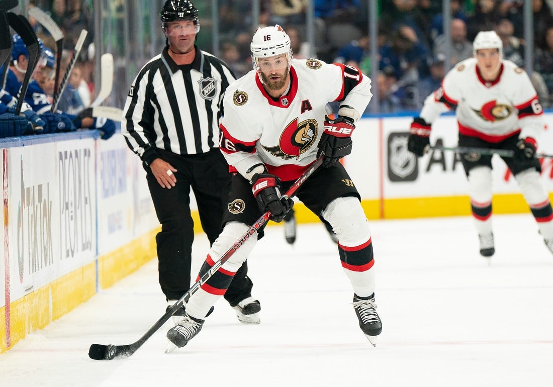 Sep 24, 2022; Toronto, Ontario, CAN; Ottawa Senators left wing Austin Watson (16) skates with the puck against the Toronto Maple Leafs during the second period at Scotiabank Arena. Mandatory Credit: Nick Turchiaro-USA TODAY Sports