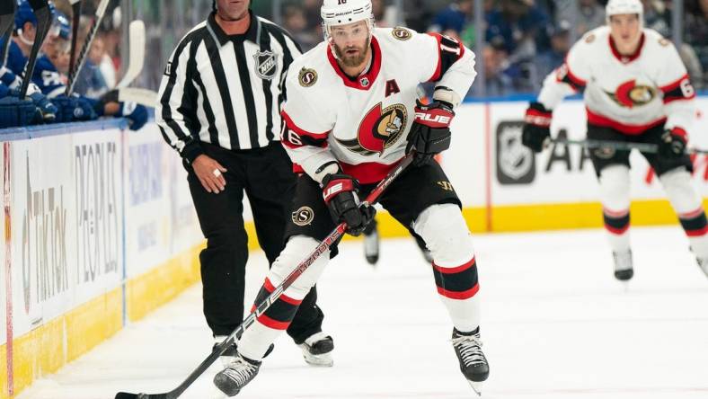 Sep 24, 2022; Toronto, Ontario, CAN; Ottawa Senators left wing Austin Watson (16) skates with the puck against the Toronto Maple Leafs during the second period at Scotiabank Arena. Mandatory Credit: Nick Turchiaro-USA TODAY Sports