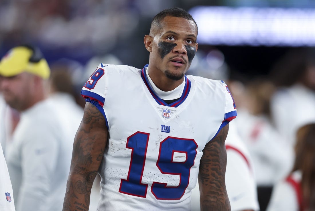 Sep 26, 2022; East Rutherford, New Jersey, USA; New York Giants wide receiver Kenny Golladay (19) reacts during the second half against the Dallas Cowboys at MetLife Stadium. Mandatory Credit: Brad Penner-USA TODAY Sports