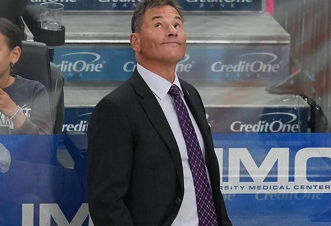 Sep 28, 2022; Las Vegas, Nevada, USA; Vegas Golden Knights head coach Bruce Cassidy glances at the screen during the third period of a preseason game against the Colorado Avalanche at T-Mobile Arena. Mandatory Credit: Stephen R. Sylvanie-USA TODAY Sports