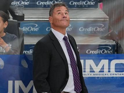Sep 28, 2022; Las Vegas, Nevada, USA; Vegas Golden Knights head coach Bruce Cassidy glances at the screen during the third period of a preseason game against the Colorado Avalanche at T-Mobile Arena. Mandatory Credit: Stephen R. Sylvanie-USA TODAY Sports