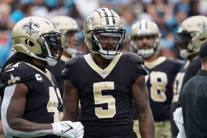 Sep 25, 2022; Charlotte, North Carolina, USA;  New Orleans Saints wide receiver Jarvis Landry (5) looks on against the Carolina Panthers during the first half at Bank of America Stadium. Mandatory Credit: James Guillory-USA TODAY Sports