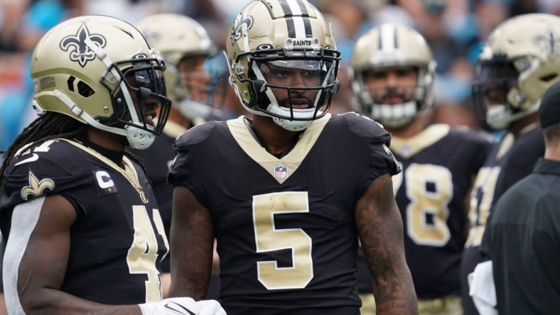 Sep 25, 2022; Charlotte, North Carolina, USA;  New Orleans Saints wide receiver Jarvis Landry (5) looks on against the Carolina Panthers during the first half at Bank of America Stadium. Mandatory Credit: James Guillory-USA TODAY Sports