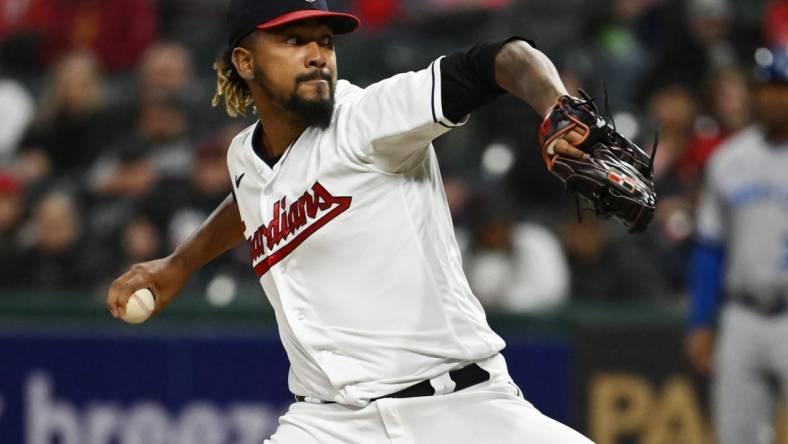 Sep 30, 2022; Cleveland, Ohio, USA; Cleveland Guardians relief pitcher Emmanuel Clase (48) throws a pitch during the ninth inning against the Kansas City Royals at Progressive Field. Mandatory Credit: Ken Blaze-USA TODAY Sports