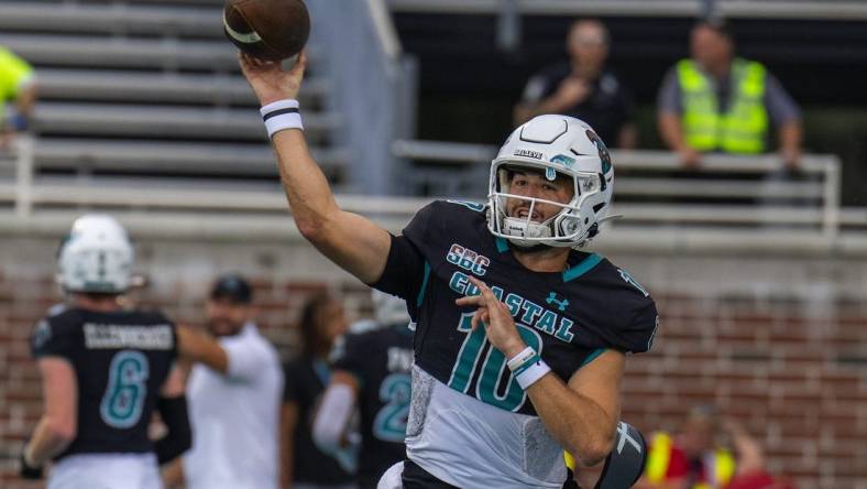 Oct 1, 2022; Conway, South Carolina, USA; Coastal Carolina Chanticleers quarterback Grayson McCall (10) throw a pass warmups prior to a game against the Georgia Southern Eagles at Brooks Stadium. Mandatory Credit: David Yeazell-USA TODAY Sports