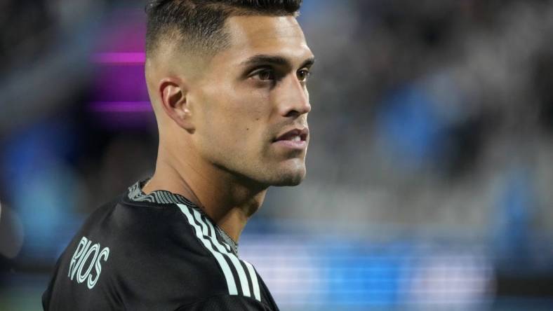 Oct 1, 2022; Charlotte, North Carolina, USA; Charlotte FC forward Daniel Rios (12) after scoring four goals against Philadelphia Union at Bank of America Stadium. Mandatory Credit: Jim Dedmon-USA TODAY Sports