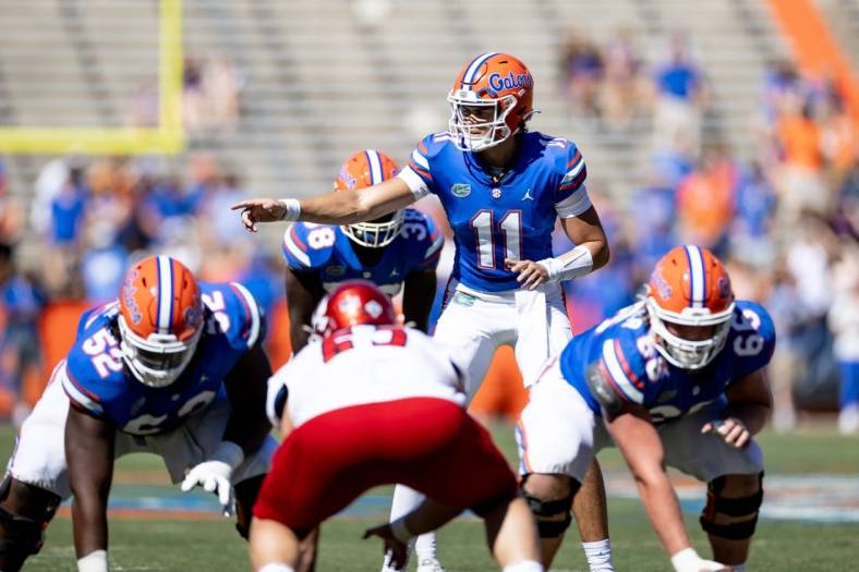 Florida Gators quarterback Jalen Kitna (11) motions before the snap during the second half against the Eastern Washington Eagles at Steve Spurrier Field at Ben Hill Griffin Stadium in Gainesville, FL on Sunday, October 2, 2022. [Matt Pendleton/Gainesville Sun]

Ncaa Football Florida Gators Vs Eastern Washington Eagles