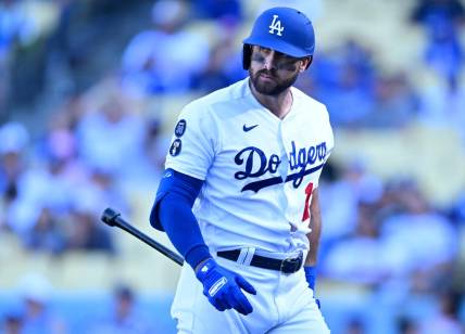 Oct 2, 2022; Los Angeles, California, USA; Los Angeles Dodgers right fielder Joey Gallo (12) walks back to the dugout after striking out in the ninth inning against the Colorado Rockies at Dodger Stadium. Mandatory Credit: Jayne Kamin-Oncea-USA TODAY Sports