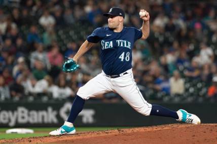 Oct 3, 2022; Seattle, Washington, USA; Seattle Mariners relief pitcher Matthew Boyd (48) pitches to the Detroit Tigers during the sixth inning at T-Mobile Park. Mandatory Credit: Steven Bisig-USA TODAY Sports