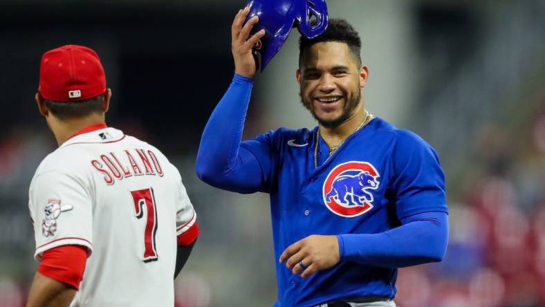 Oct 4, 2022; Cincinnati, Ohio, USA; Chicago Cubs catcher Willson Contreras (40) during the eighth inning against the Cincinnati Reds at Great American Ball Park. Mandatory Credit: Katie Stratman-USA TODAY Sports