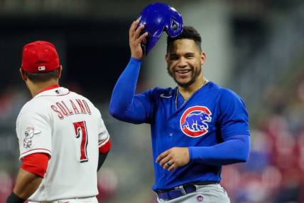 Oct 4, 2022; Cincinnati, Ohio, USA; Chicago Cubs catcher Willson Contreras (40) during the eighth inning against the Cincinnati Reds at Great American Ball Park. Mandatory Credit: Katie Stratman-USA TODAY Sports