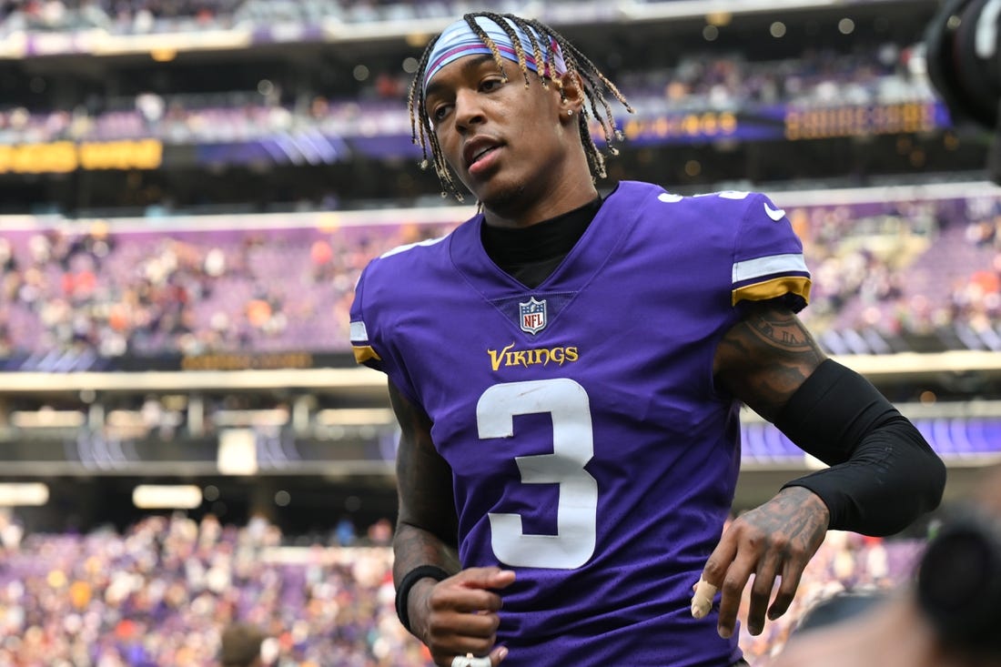 Oct 9, 2022; Minneapolis, Minnesota, USA; Minnesota Vikings cornerback Cameron Dantzler Sr. (3) comes off the field after the game against the Chicago Bears at U.S. Bank Stadium. Mandatory Credit: Jeffrey Becker-USA TODAY Sports