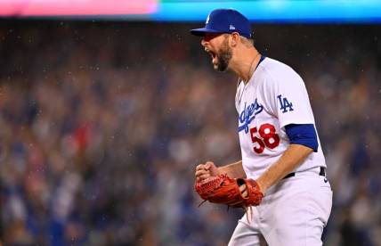 Oct 11, 2022; Los Angeles, California, USA; Los Angeles Dodgers relief pitcher Chris Martin (58) reacts after defeating the San Diego Padres during game one of the NLDS for the 2022 MLB Playoffs at Dodger Stadium. Mandatory Credit: Jayne Kamin-Oncea-USA TODAY Sports