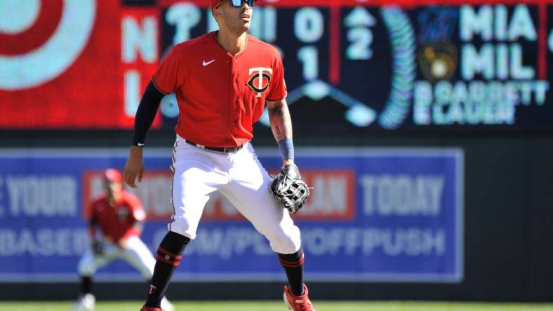 Sep 29, 2022; Minneapolis, Minnesota, USA; Minnesota Twins shortstop Carlos Correa (4) in action against the Chicago White Sox at Target Field. Mandatory Credit: Jeffrey Becker-USA TODAY Sports