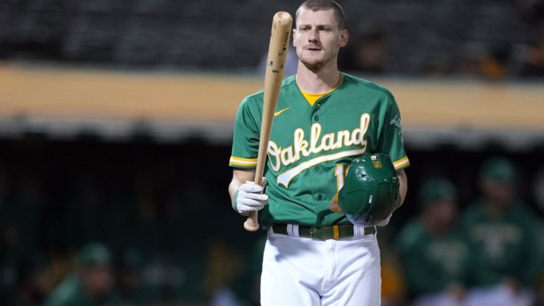 Oct 3, 2022; Oakland, California, USA; Oakland Athletics designated hitter Sean Murphy (12) during the ninth inning against the Los Angeles Angels at RingCentral Coliseum. Mandatory Credit: Darren Yamashita-USA TODAY Sports