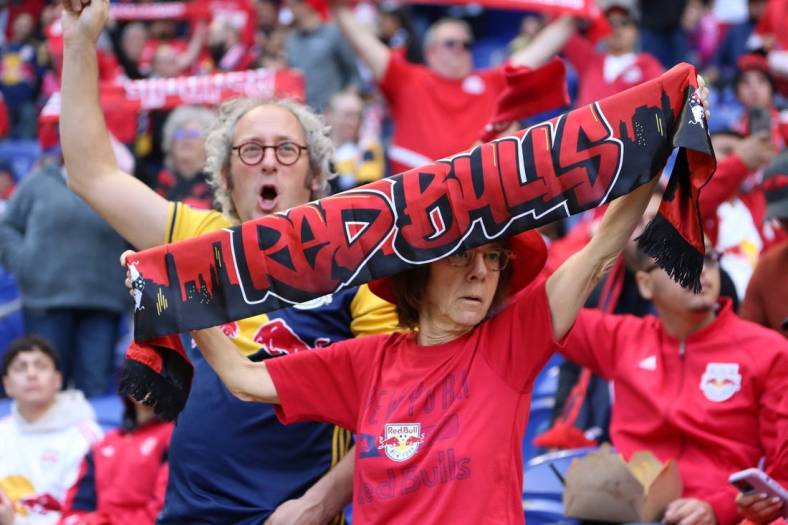 Oct 15, 2022; Harrison, New Jersey, USA; Fans of the New York Red Bulls react before a match against FC Cincinnati at Red Bull Arena. Mandatory Credit: Wendell Cruz-USA TODAY Sports