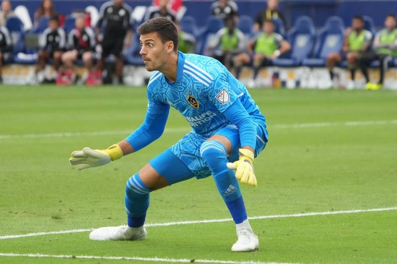 Oct 15, 2022; Carson, California, US; Los Angeles Galaxy goalkeeper Jonathan Bond (1) looks on during the second half against the Nashville SC at Dignity Health Sports Park. Mandatory Credit: Kirby Lee-USA TODAY Sports
