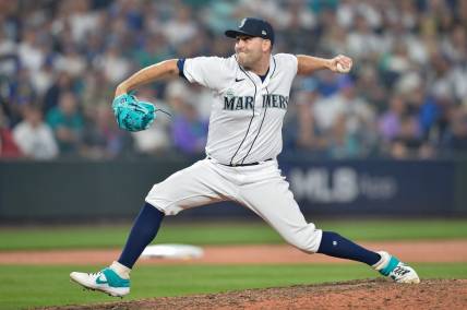 Oct 15, 2022; Seattle, Washington, USA; Seattle Mariners relief pitcher Matthew Boyd (48) pitches in the sixteenth inning against the Houston Astros during game three of the ALDS for the 2022 MLB Playoffs at T-Mobile Park. Mandatory Credit: Steven Bisig-USA TODAY Sports