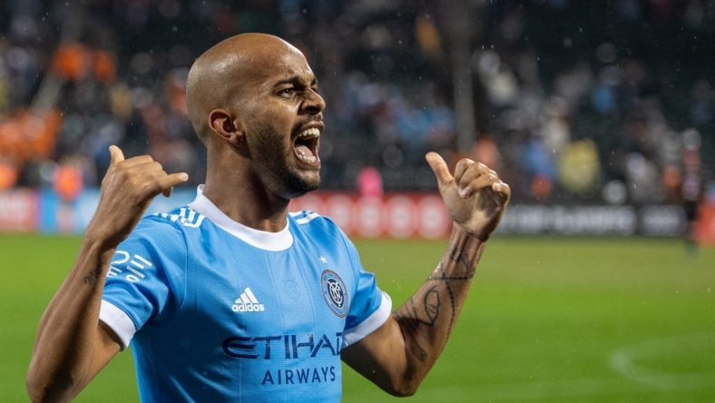 Oct 17, 2022; Queens, New York, USA;  New York City FC forward Heber (9) celebrates his goal in the 92nd minute during the second half of a MLS Eastern Conference quarterfinal match against Inter Miami CF at Citi Field. Mandatory Credit: Mark Smith-USA TODAY Sports