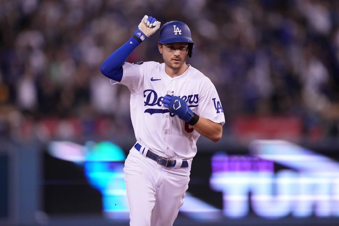 Oct 11, 2022; Los Angeles, California, USA; Los Angeles Dodgers shortstop Trea Turner (6) rounds the bases after hitting a home run during the 1st inning of game one of the NLDS for the 2022 MLB Playoffs against the San Diego Padres at Dodger Stadium. Mandatory Credit: Kirby Lee-USA TODAY Sports