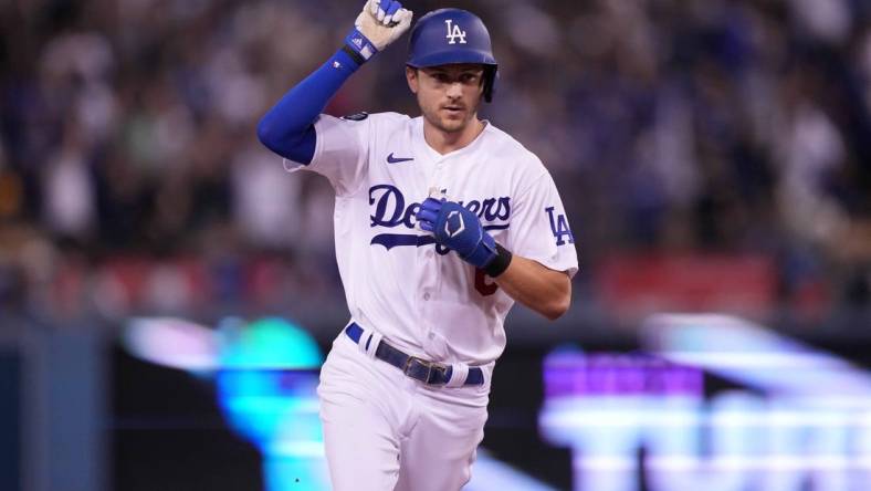 Oct 11, 2022; Los Angeles, California, USA; Los Angeles Dodgers shortstop Trea Turner (6) rounds the bases after hitting a home run during the 1st inning of game one of the NLDS for the 2022 MLB Playoffs against the San Diego Padres at Dodger Stadium. Mandatory Credit: Kirby Lee-USA TODAY Sports