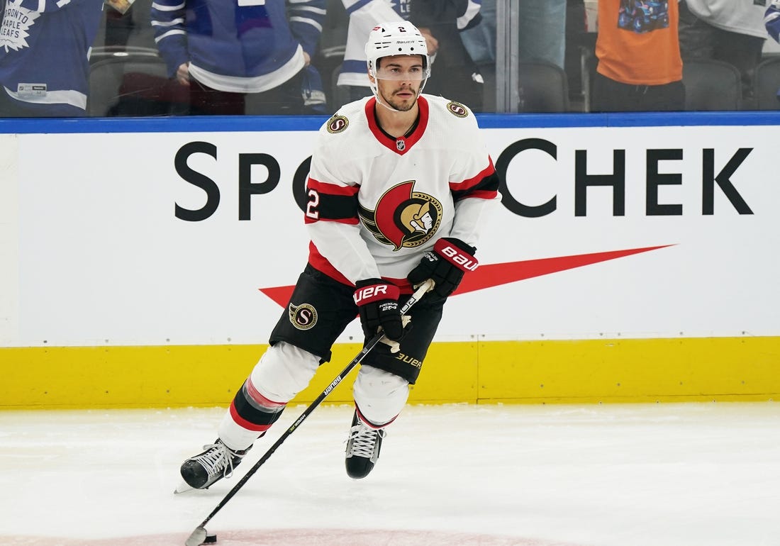 Oct 15, 2022; Toronto, Ontario, CAN; Ottawa Senators defenseman Artem Zub (2) skates against the Toronto Maple Leafs during the warmup at Scotiabank Arena. Mandatory Credit: Nick Turchiaro-USA TODAY Sports