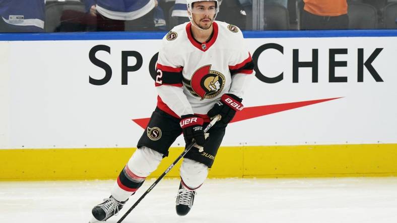 Oct 15, 2022; Toronto, Ontario, CAN; Ottawa Senators defenseman Artem Zub (2) skates against the Toronto Maple Leafs during the warmup at Scotiabank Arena. Mandatory Credit: Nick Turchiaro-USA TODAY Sports