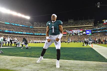 Oct 16, 2022; Philadelphia, Pennsylvania, USA; Philadelphia Eagles quarterback Jalen Hurts (1) during player introductions against the Dallas Cowboys at Lincoln Financial Field. Mandatory Credit: Eric Hartline-USA TODAY Sports