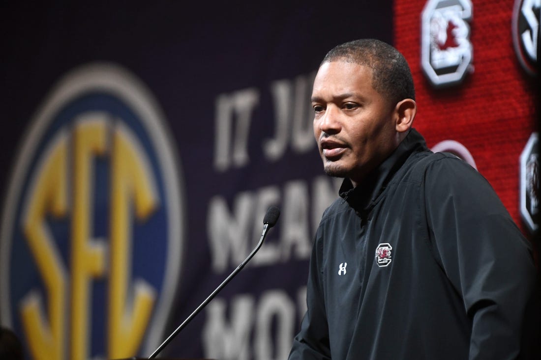 Oct 19, 2022; Mountain Brook, AL, USA; South Carolina head coach Lamont Paris speaks during the SEC Tip Off 2022-23 Men's Basketball Media Day in Mountain Brook Wednesday, Oct. 19, 2022 at Grand Bohemian Hotel.

Basketball Sec Men S Basketball Media Day