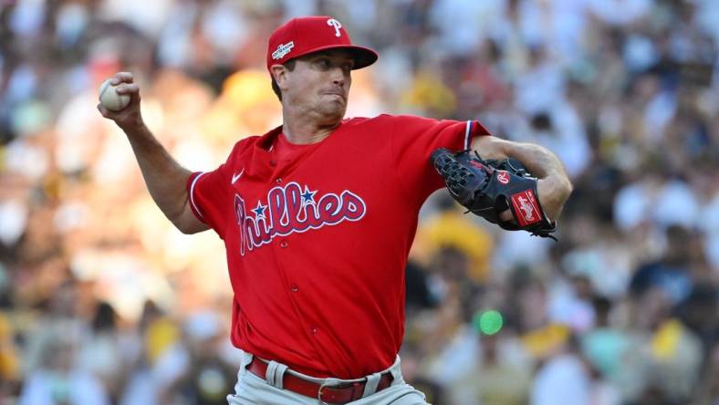 Oct 19, 2022; San Diego, California, USA; Philadelphia Phillies starting pitcher Kyle Gibson (44) pitches in the eighth inning against the San Diego Padres during game two of the NLCS for the 2022 MLB Playoffs at Petco Park. Mandatory Credit: Jayne Kamin-Oncea-USA TODAY Sports