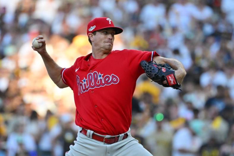 Oct 19, 2022; San Diego, California, USA; Philadelphia Phillies starting pitcher Kyle Gibson (44) pitches in the eighth inning against the San Diego Padres during game two of the NLCS for the 2022 MLB Playoffs at Petco Park. Mandatory Credit: Jayne Kamin-Oncea-USA TODAY Sports