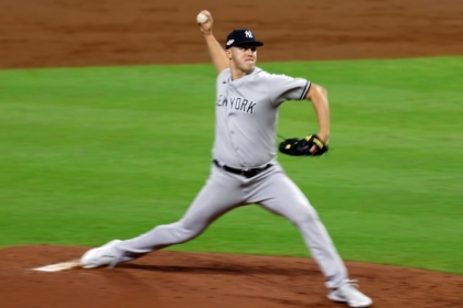 Oct 19, 2022; Houston, Texas, USA; New York Yankees starting pitcher Jameson Taillon (50) pitches against Houston Astros designated hitter Aledmys Diaz (not pictured) during the second inning in game one of the ALCS for the 2022 MLB Playoffs at Minute Maid Park. Mandatory Credit: Thomas Shea-USA TODAY Sports