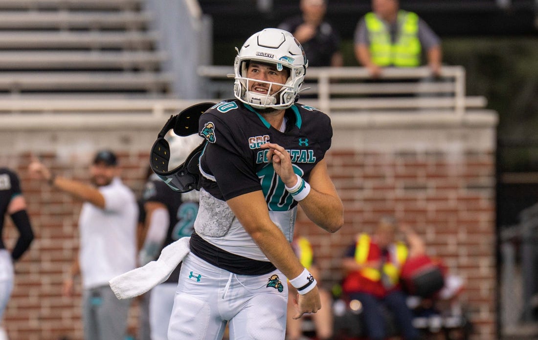 Oct 1, 2022; Conway, South Carolina, USA; Coastal Carolina Chanticleers quarterback Grayson McCall (10) throws the ball prior to a game against the Georgia Southern Eagles at Brooks Stadium. Mandatory Credit: David Yeazell-USA TODAY Sports