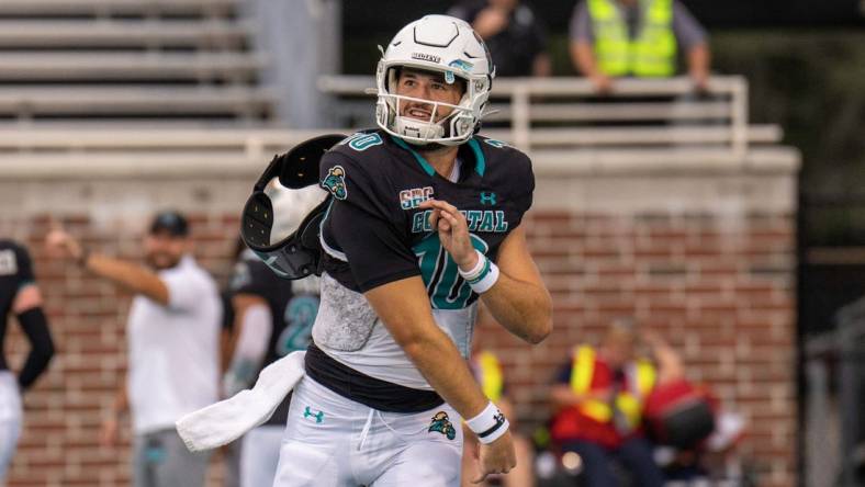 Oct 1, 2022; Conway, South Carolina, USA; Coastal Carolina Chanticleers quarterback Grayson McCall (10) throws the ball prior to a game against the Georgia Southern Eagles at Brooks Stadium. Mandatory Credit: David Yeazell-USA TODAY Sports