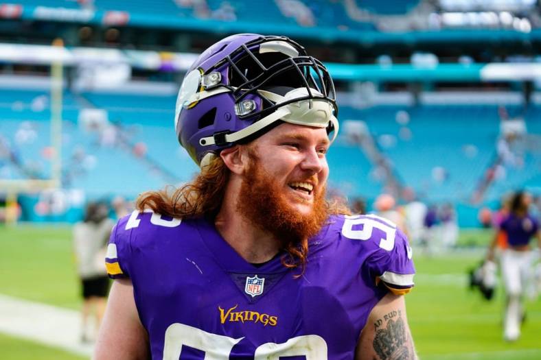 Oct 16, 2022; Miami Gardens, Florida, USA; Minnesota Vikings defensive tackle James Lynch (92) after a game against the Miami Dolphins at Hard Rock Stadium. Mandatory Credit: Rich Storry-USA TODAY Sports