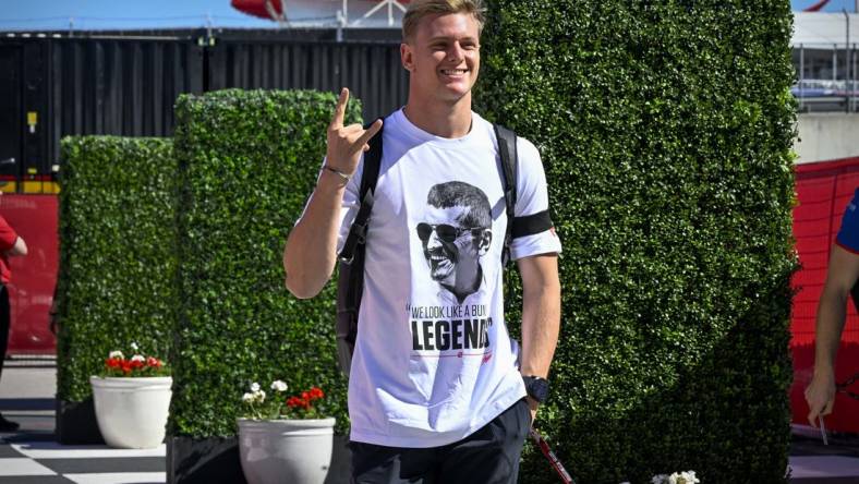 Oct 21, 2022; Austin, Texas, USA; Haas F1 Team driver Mick Schumacher (47) arrives for practice for the U.S. Grand Prix at the Circuit of the Americas. Mandatory Credit: Jerome Miron-USA TODAY Sports