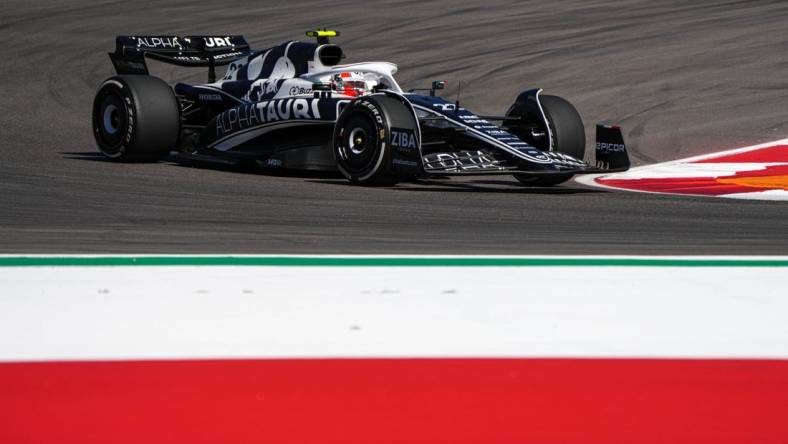 Oct 21, 2022; Austin, TX, USA; Scuderia Alphatauri F1 driver Yuki Tsunoda runs practice laps for the Formula 1 Aramco United States Grand Prix at the Circuit of the Americas in Austin, Texas on Oct. 21, 2022. Mandatory Credit: Aaron E. Martinez-USA TODAY Sports