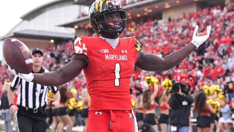 Oct 22, 2022; College Park, Maryland, USA; Maryland Terrapins wide receiver Rakim Jarrett (1) reacts after scoring a touchdown against the Northwestern Wildcats during the second half at SECU Stadium. Mandatory Credit: Brad Mills-USA TODAY Sports