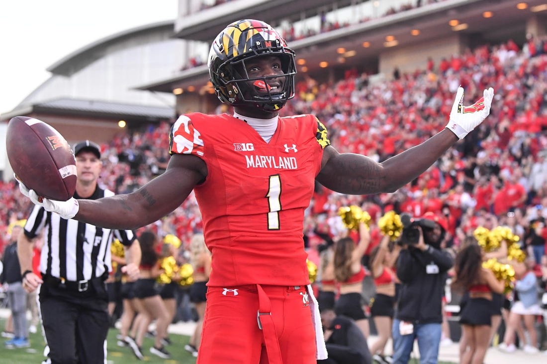 Oct 22, 2022; College Park, Maryland, USA; Maryland Terrapins wide receiver Rakim Jarrett (1) reacts after scoring a touchdown against the Northwestern Wildcats during the second half at SECU Stadium. Mandatory Credit: Brad Mills-USA TODAY Sports