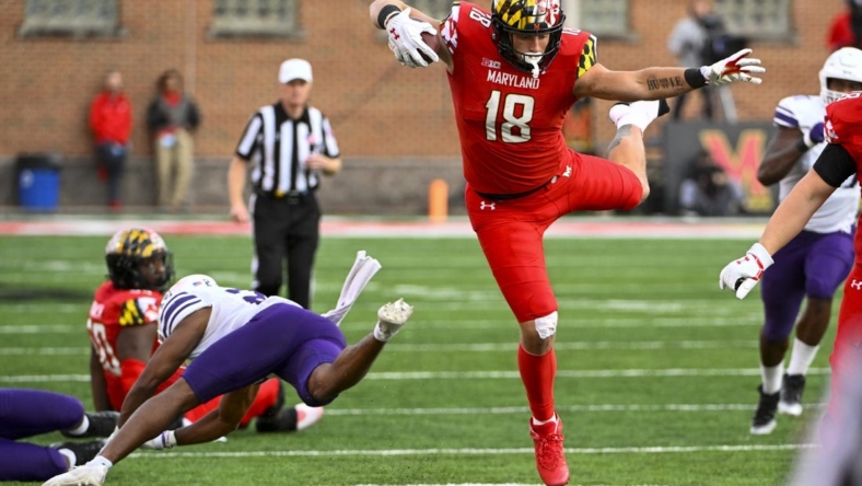 Oct 22, 2022; College Park, Maryland, USA; Maryland Terrapins tight end CJ Dippre runs after a catch against the Northwestern Wildcats during the second half at SECU Stadium. Mandatory Credit: Brad Mills-USA TODAY Sports