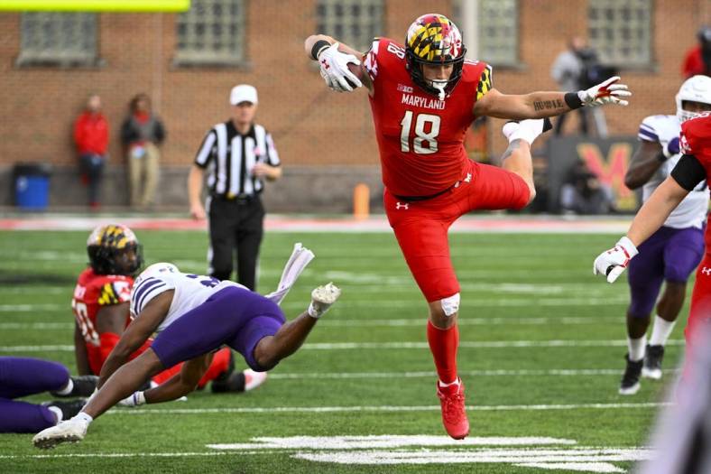 Oct 22, 2022; College Park, Maryland, USA; Maryland Terrapins tight end CJ Dippre runs after a catch against the Northwestern Wildcats during the second half at SECU Stadium. Mandatory Credit: Brad Mills-USA TODAY Sports