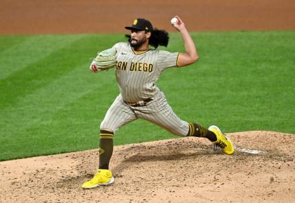 Oct 22, 2022; Philadelphia, Pennsylvania, USA; San Diego Padres starting pitcher Sean Manaea (55) pitches in the fourth inning during game four of the NLCS against the Philadelphia Phillies for the 2022 MLB Playoffs at Citizens Bank Park. Mandatory Credit: Kyle Ross-USA TODAY Sports