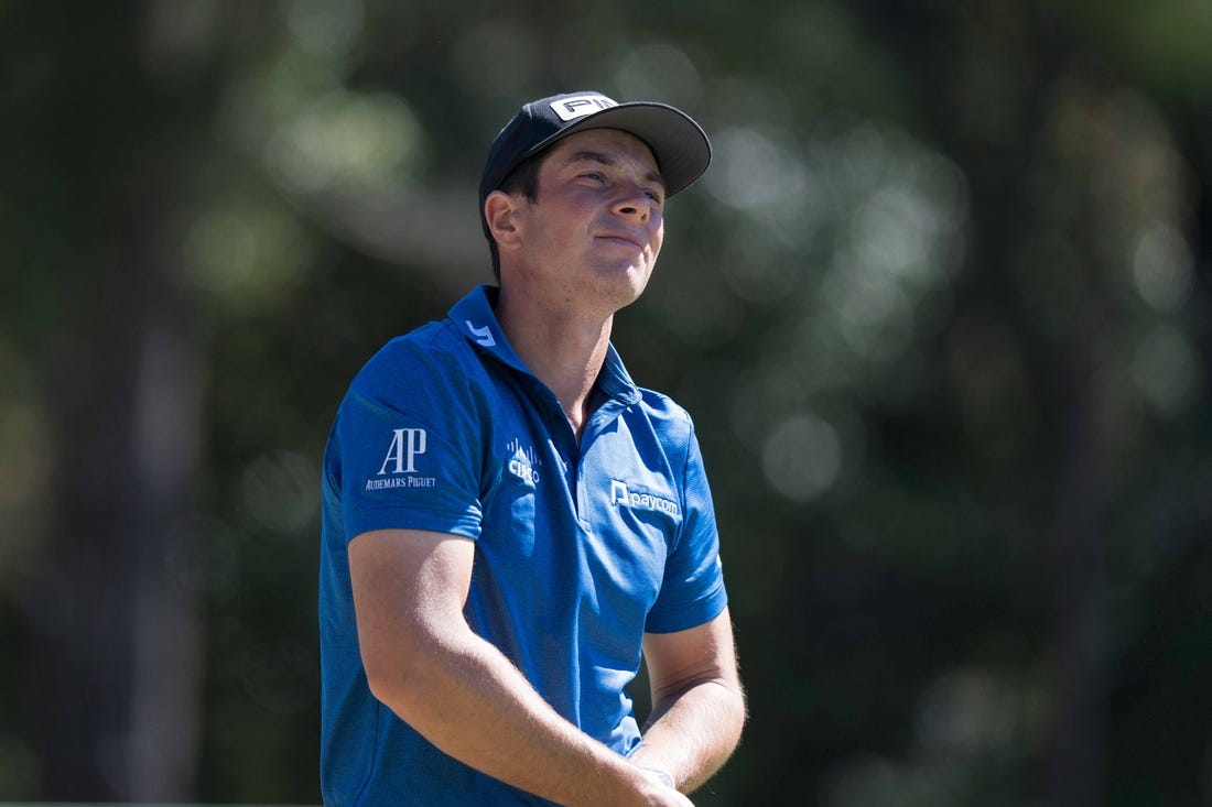 Oct 20, 2022; Ridgeland, South Carolina, USA; Viktor Hovland watches his shot from the 12th tee during the first round of THE CJ CUP in South Carolina golf tournament. Mandatory Credit: David Yeazell-USA TODAY Sports