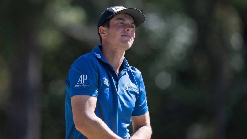 Oct 20, 2022; Ridgeland, South Carolina, USA; Viktor Hovland watches his shot from the 12th tee during the first round of THE CJ CUP in South Carolina golf tournament. Mandatory Credit: David Yeazell-USA TODAY Sports