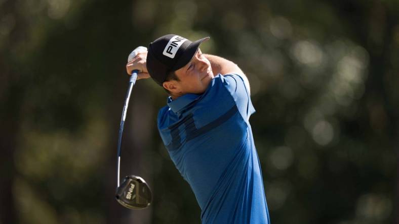 Oct 20, 2022; Ridgeland, South Carolina, USA; Viktor Hovland plays from the 12th tee during the first round of THE CJ CUP in South Carolina golf tournament. Mandatory Credit: David Yeazell-USA TODAY Sports